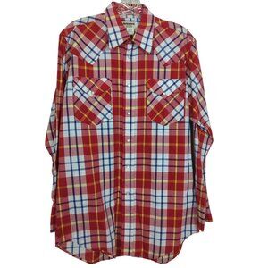 Vintage Ruddock Men's Long-Sleeve Shirt Red Plaid Western Shirt‎ Pearl Snap sz M